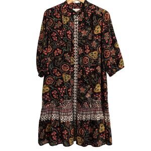 SALONI Silk Bohemian Shirt Dress Sz 2 Paisley Floral 3/4 Sleeves Festival Folk